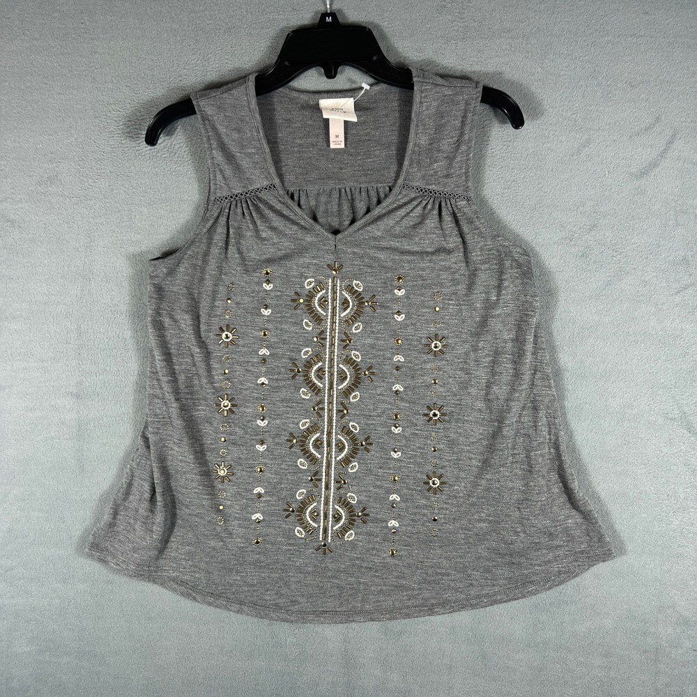 Knox Rose Womens Tank Top M Gray Boho Embroidered Studded V Neck Sleeveless